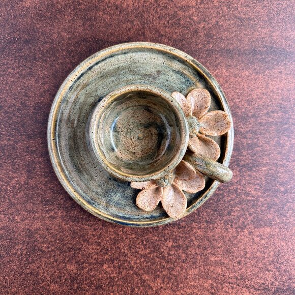 Handmade Ceramic Candle Holder w Flowers & Handle Green and Beige Glazed Pottery - Picture 11 of 11